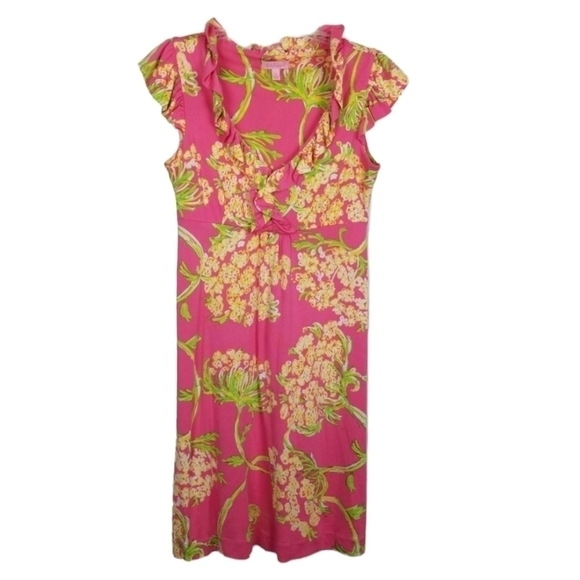 Lilly Pulitzer Ruffle Dress Floral Silk Blend Midi Flutter Sleeve Stretch V neck - Picture 1 of 10